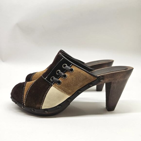 Coach Fallon Clog 7 Brown Leather Patchwork Mule Heels Boho Retro 70s Y2K - Picture 1 of 8